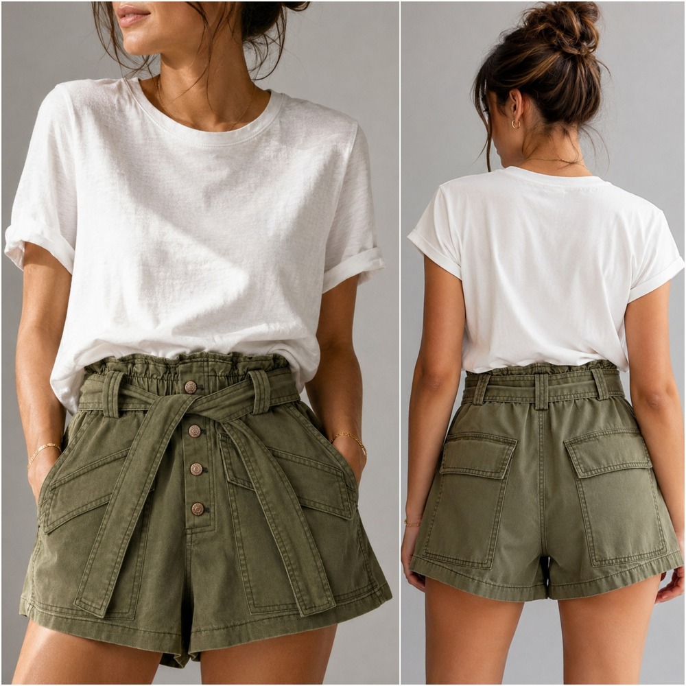 BDG Olive Green Paperbag Utility Cargo Shorts High Rise Belted Safari Workwear S